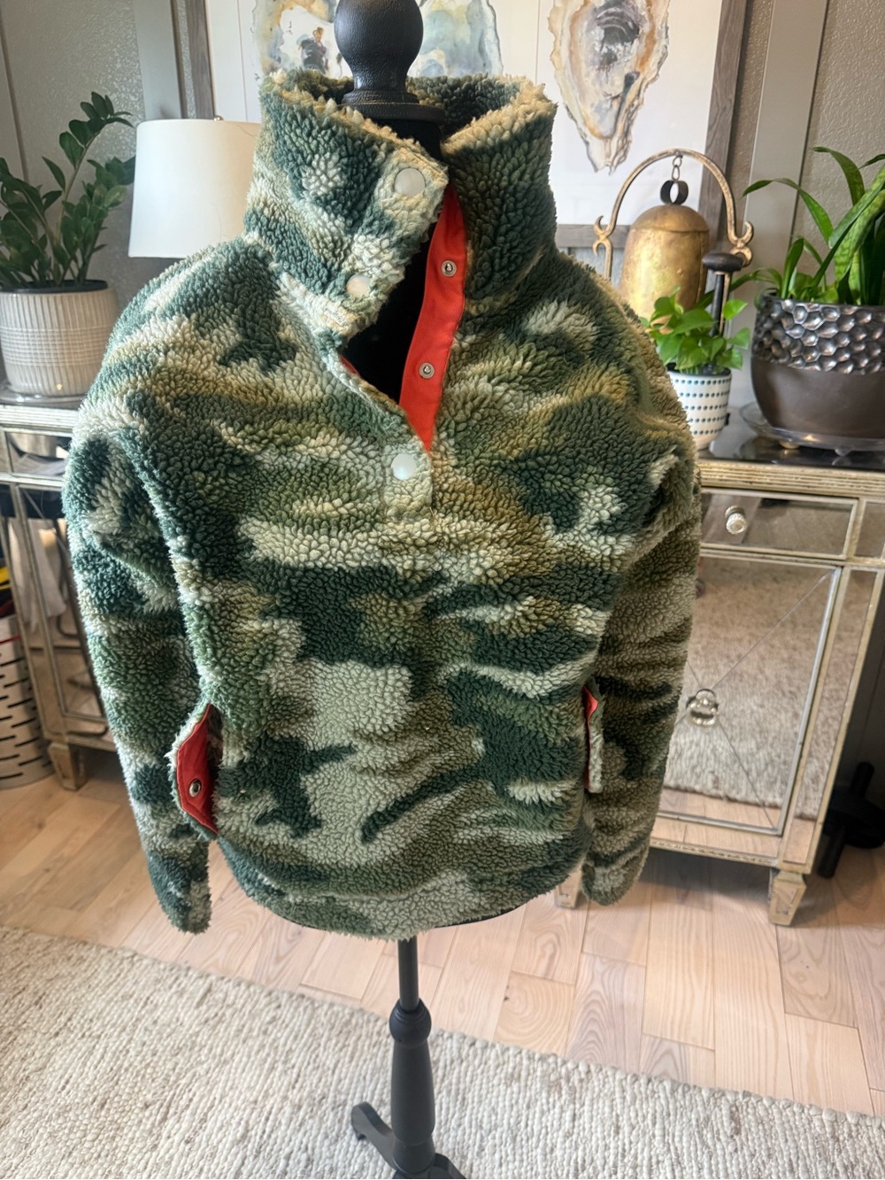 J Crew Green Camo Sherpa Pullover Jacket with Red Trim